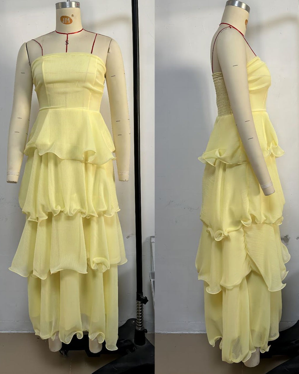 Strapless Shirred Tiered Ruffle Maxi Dress - Yellow