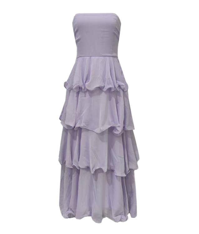 Strapless Shirred Tiered Ruffle Maxi Dress