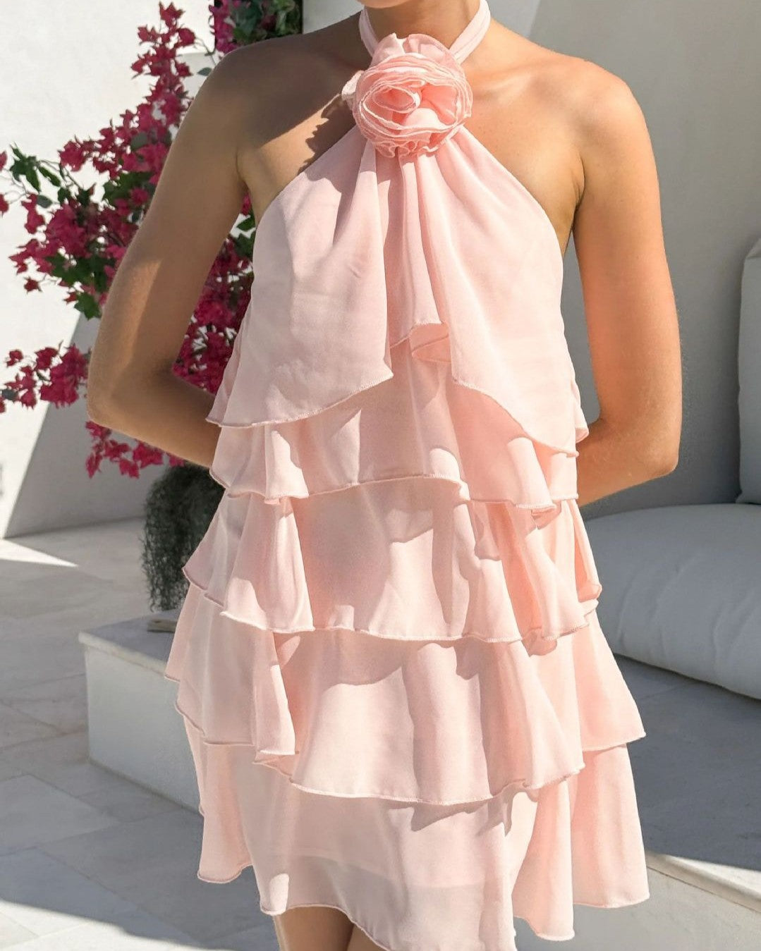 Rosette Neck Chiffon Tiered Mini Dress - Pink