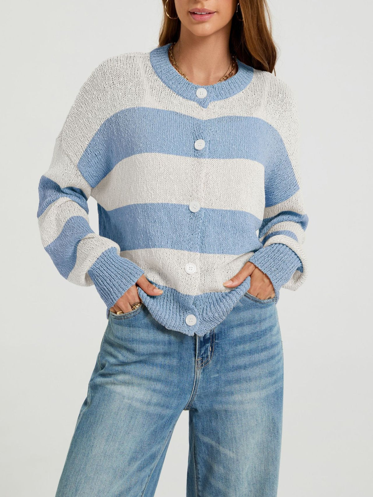 Wide Stripe Button Front Knit Cardigan - Blue