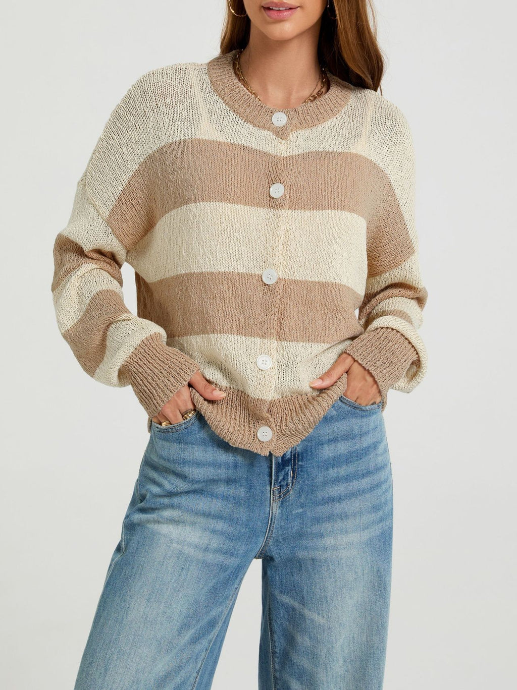 Wide Stripe Button Front Knit Cardigan - Khaki