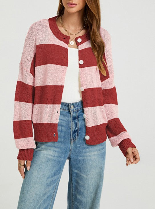 Wide Stripe Button Front Knit Cardigan - Red