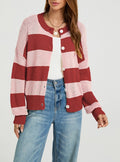 Wide Stripe Button Front Knit Cardigan - Red