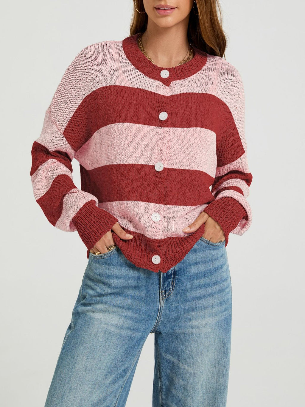 Wide Stripe Button Front Knit Cardigan - Red - 1