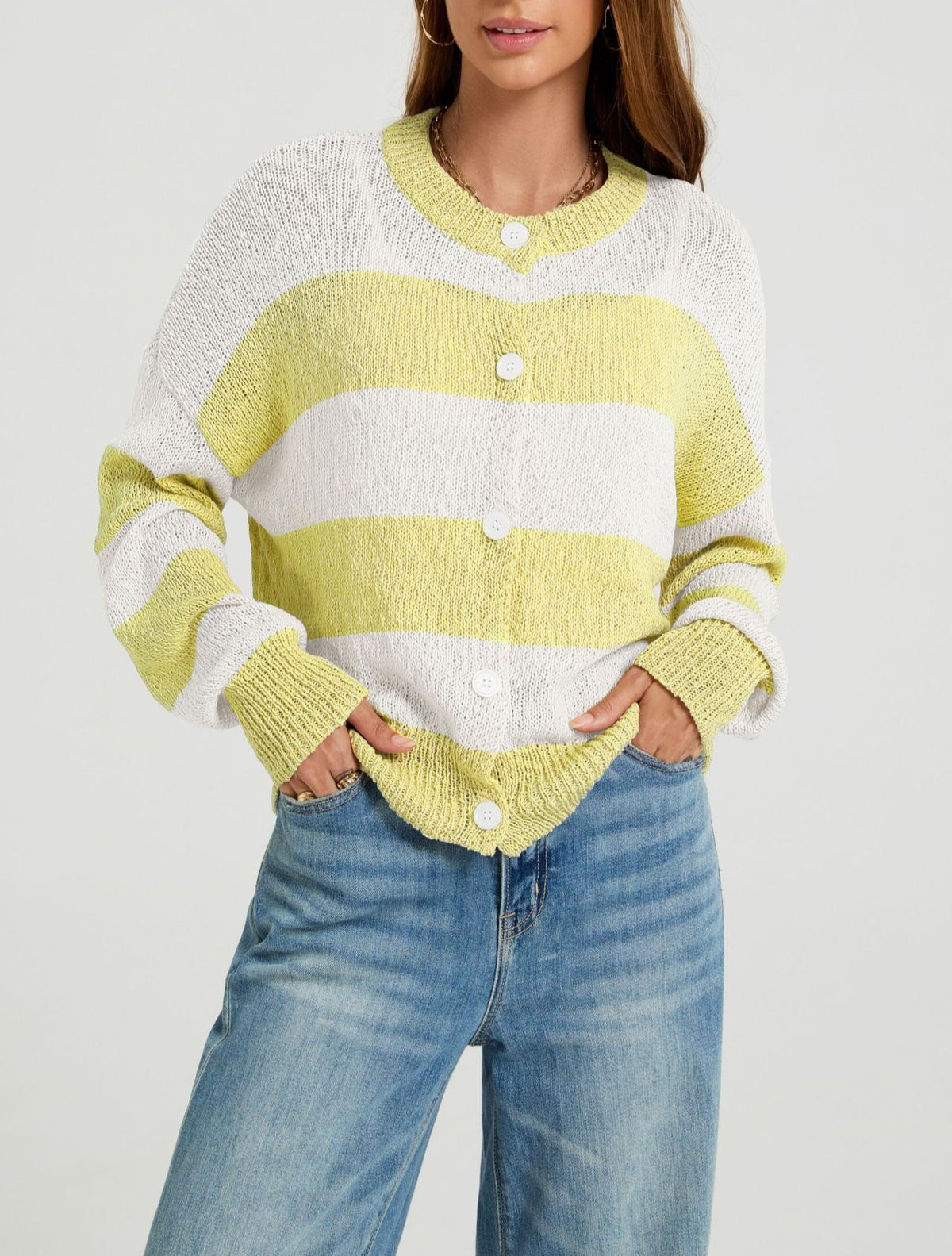 Wide Stripe Button Front Knit Cardigan - Yellow