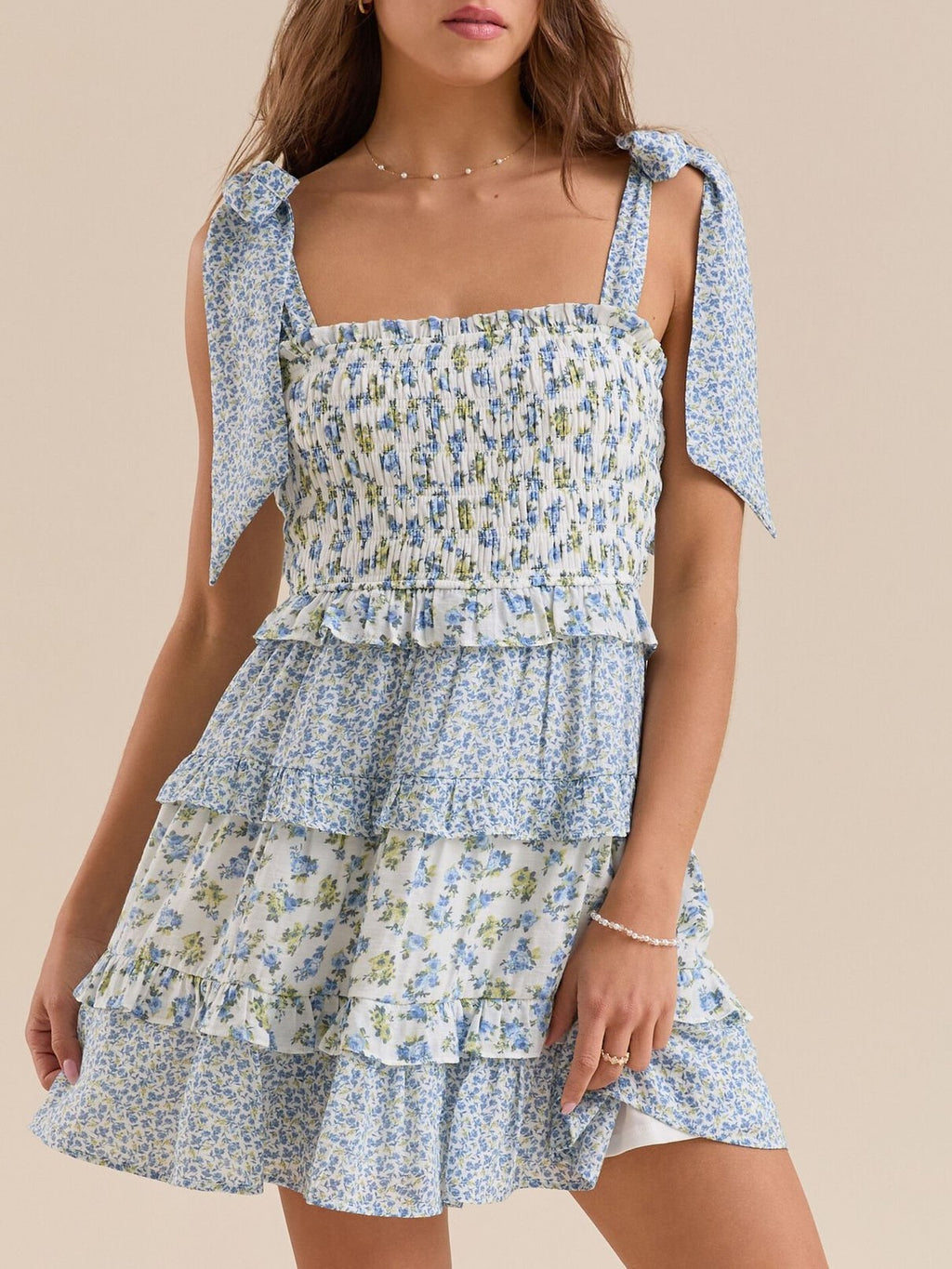 Ditsy Floral Ruffle Tiered Mini Sundress - Blue