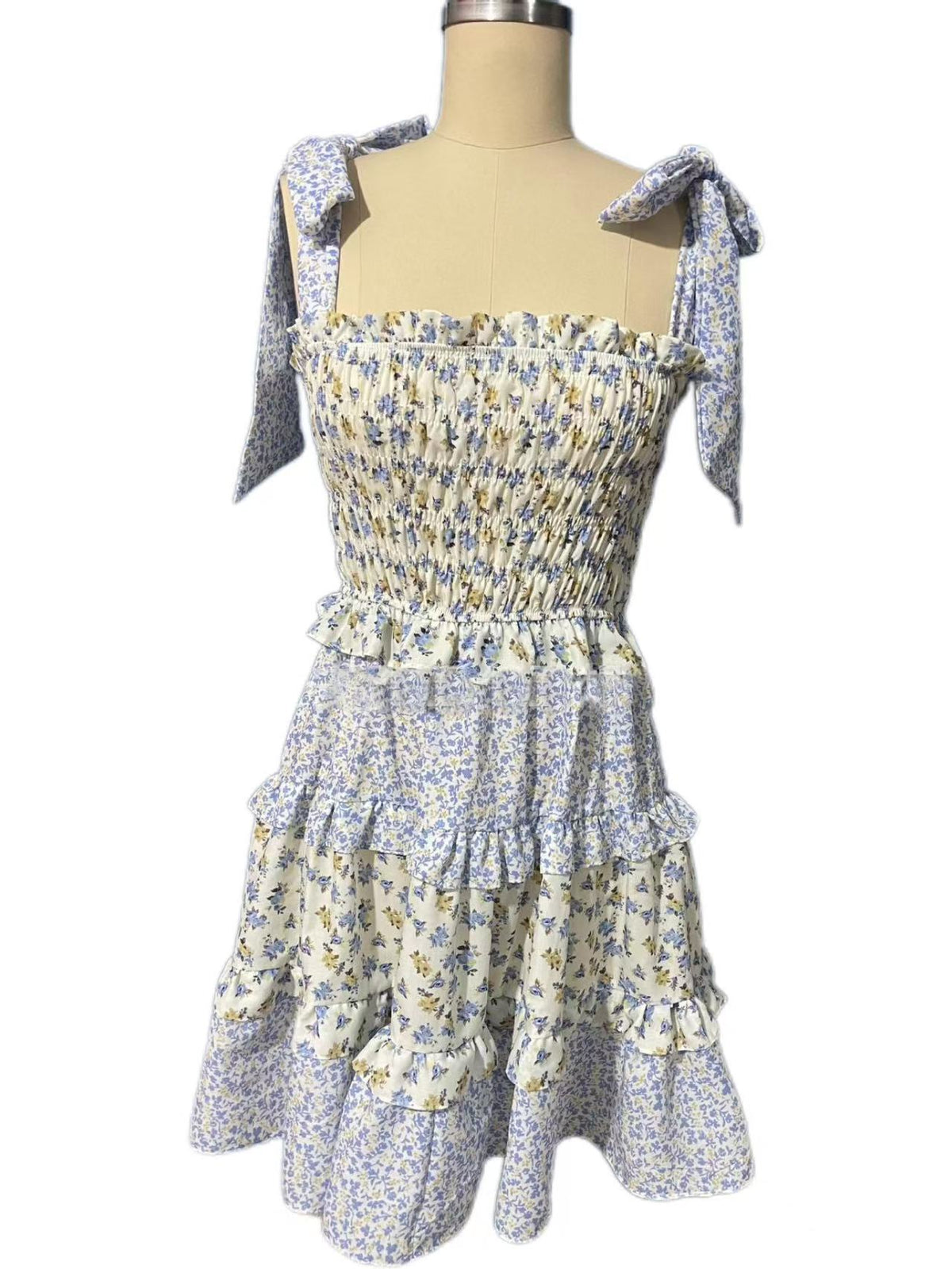 Ditsy Floral Ruffle Tiered Mini Sundress - Blue - 1