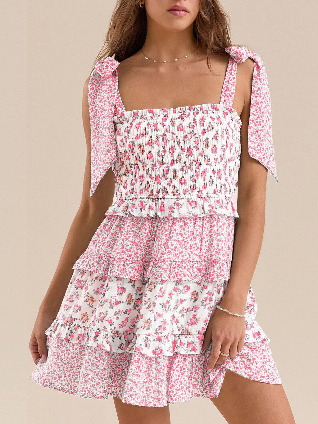 Ditsy Floral Ruffle Tiered Mini Sundress - Pink - 2