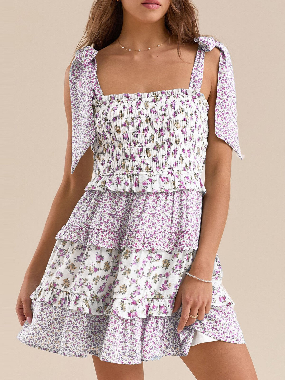 Ditsy Floral Ruffle Tiered Mini Sundress - Purple