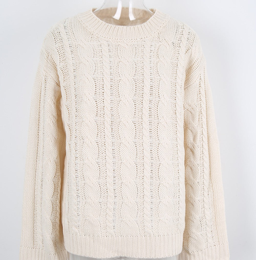 Cable Knit Balloon Sleeve Crewneck Sweater - Apricot