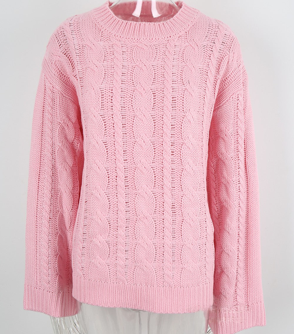 Cable Knit Balloon Sleeve Crewneck Sweater - Pink