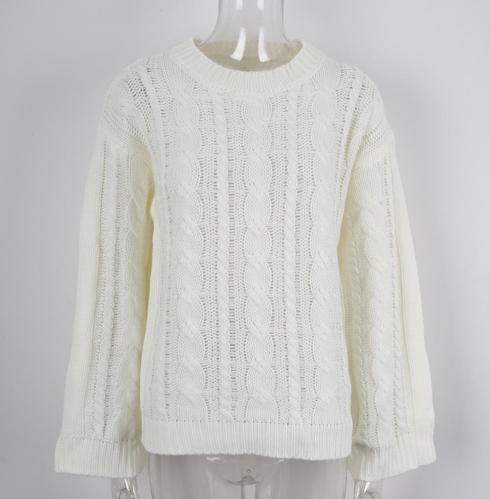 Cable Knit Balloon Sleeve Crewneck Sweater - White - 1