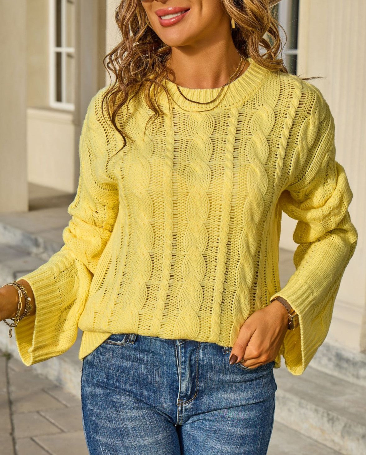 Cable Knit Balloon Sleeve Crewneck Sweater - Yellow