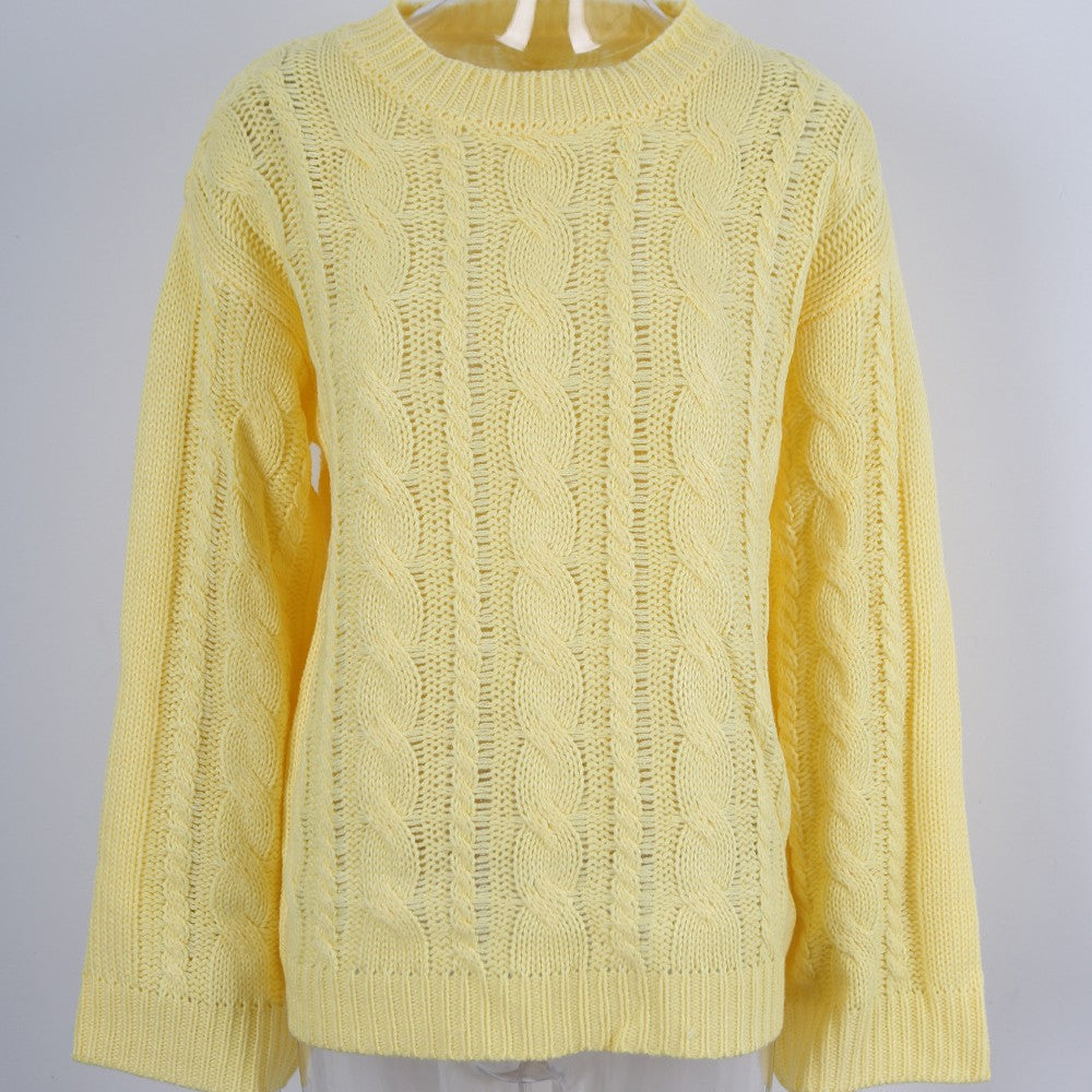 Cable Knit Balloon Sleeve Crewneck Sweater - Yellow - 1