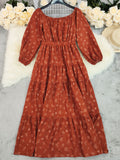 Ditsy Print Off Shoulder Tiered Maxi Dress - Brickred