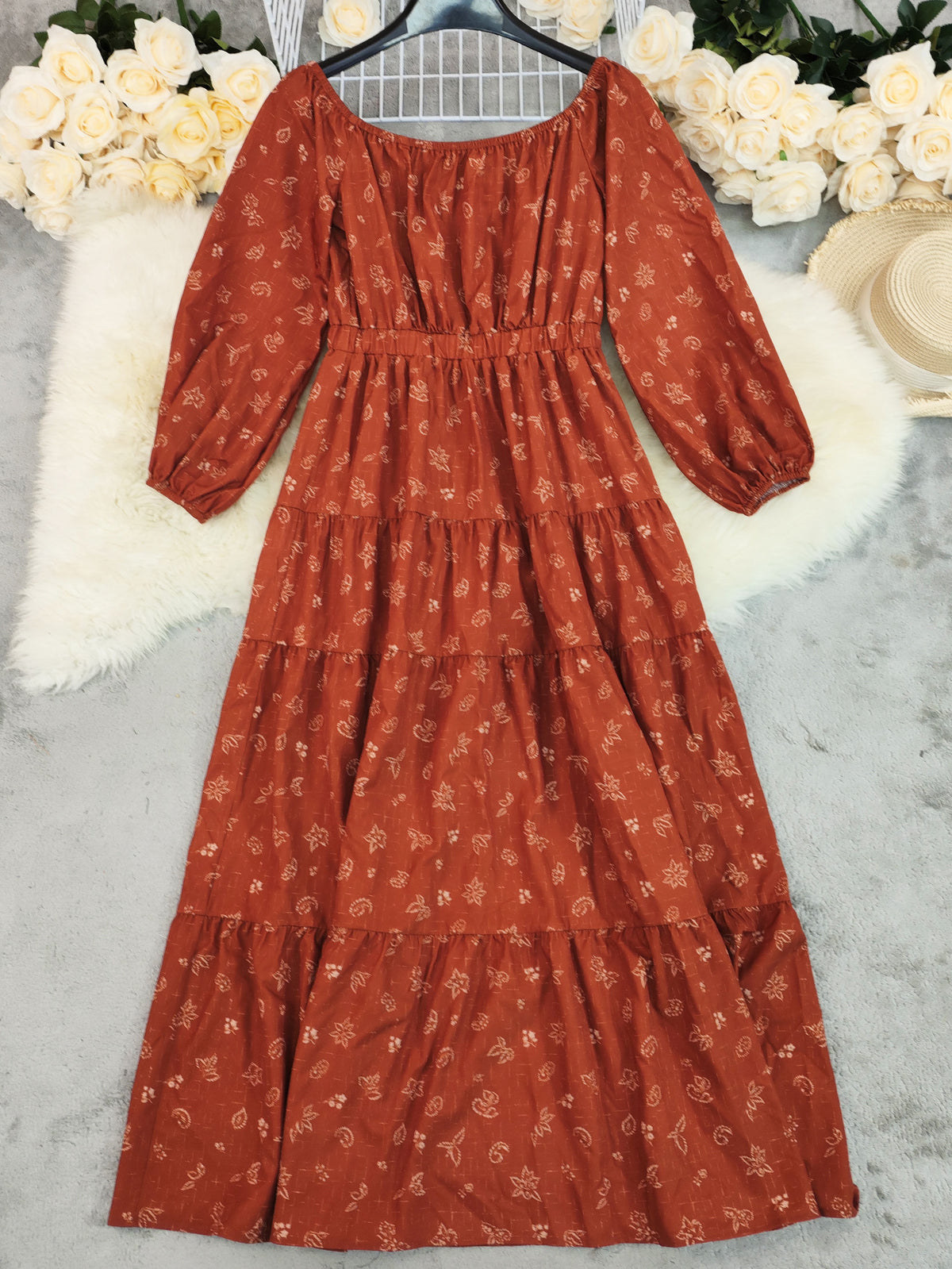 Ditsy Print Off Shoulder Tiered Maxi Dress - Brickred