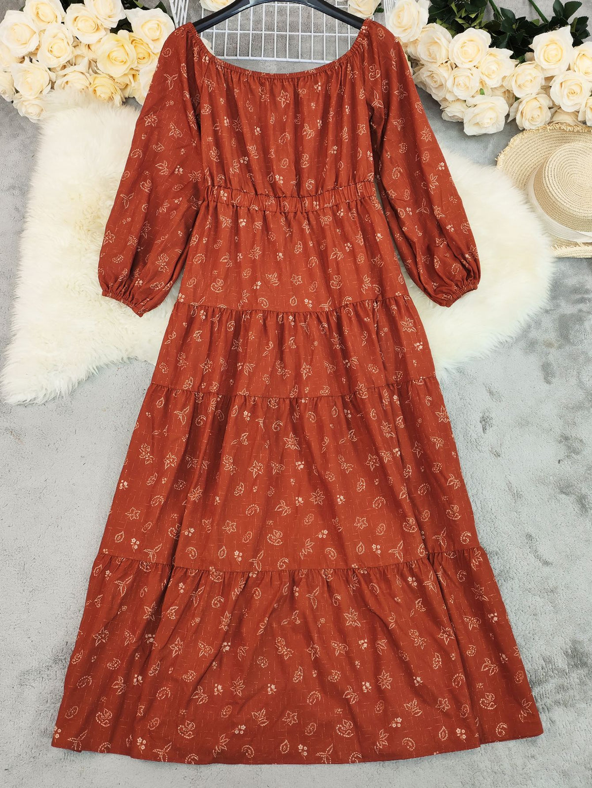 Ditsy Print Off Shoulder Tiered Maxi Dress - Brickred - 1