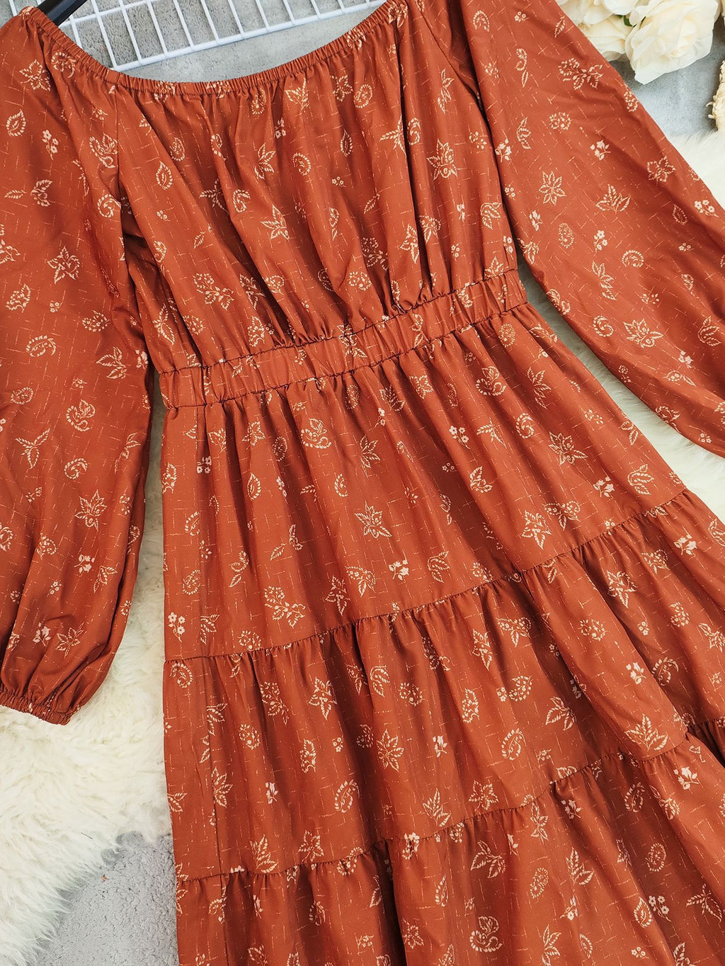 Ditsy Print Off Shoulder Tiered Maxi Dress - Brickred - 3
