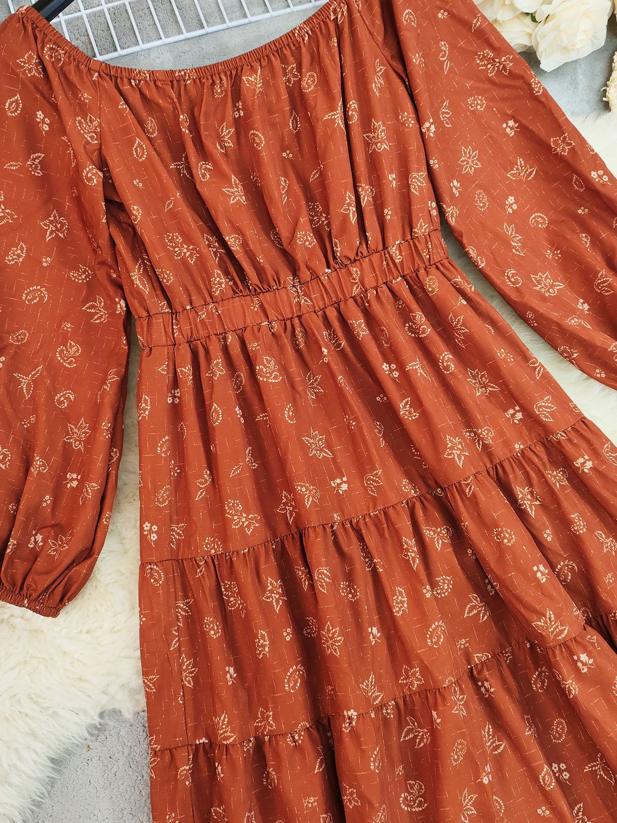 Ditsy Print Off Shoulder Tiered Maxi Dress - Brickred - 3