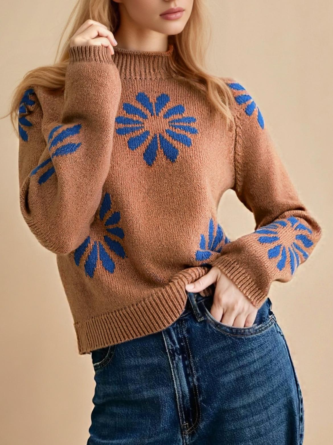 Daisy Motif Mock Neck Knit Sweater - Coffee