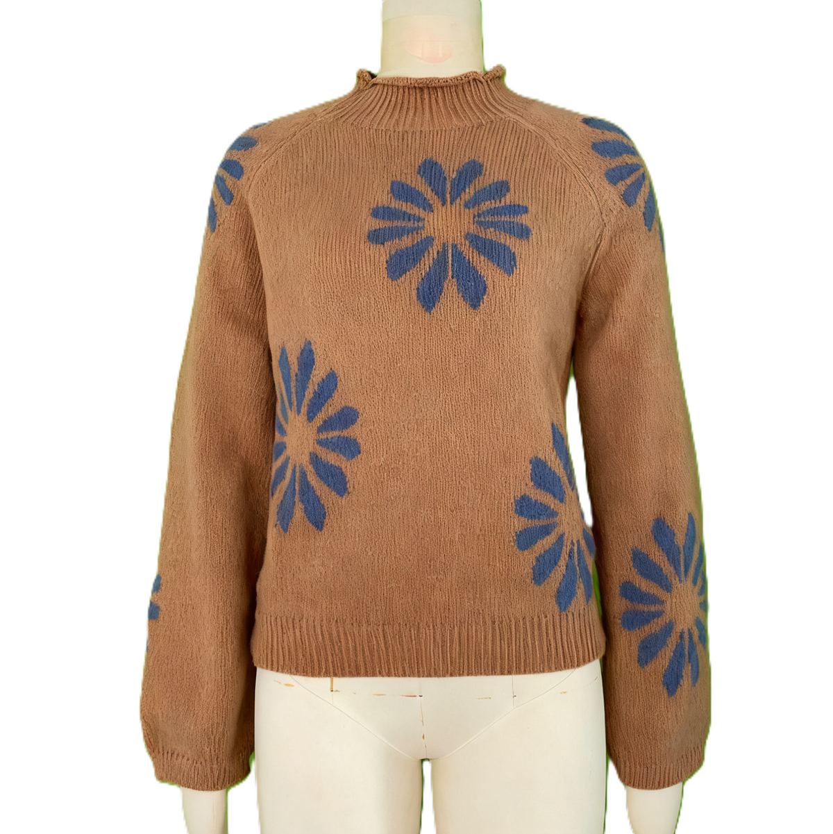 Daisy Motif Mock Neck Knit Sweater - Coffee - 1
