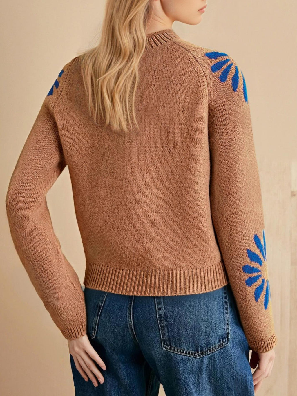 Daisy Motif Mock Neck Knit Sweater - Coffee - 2