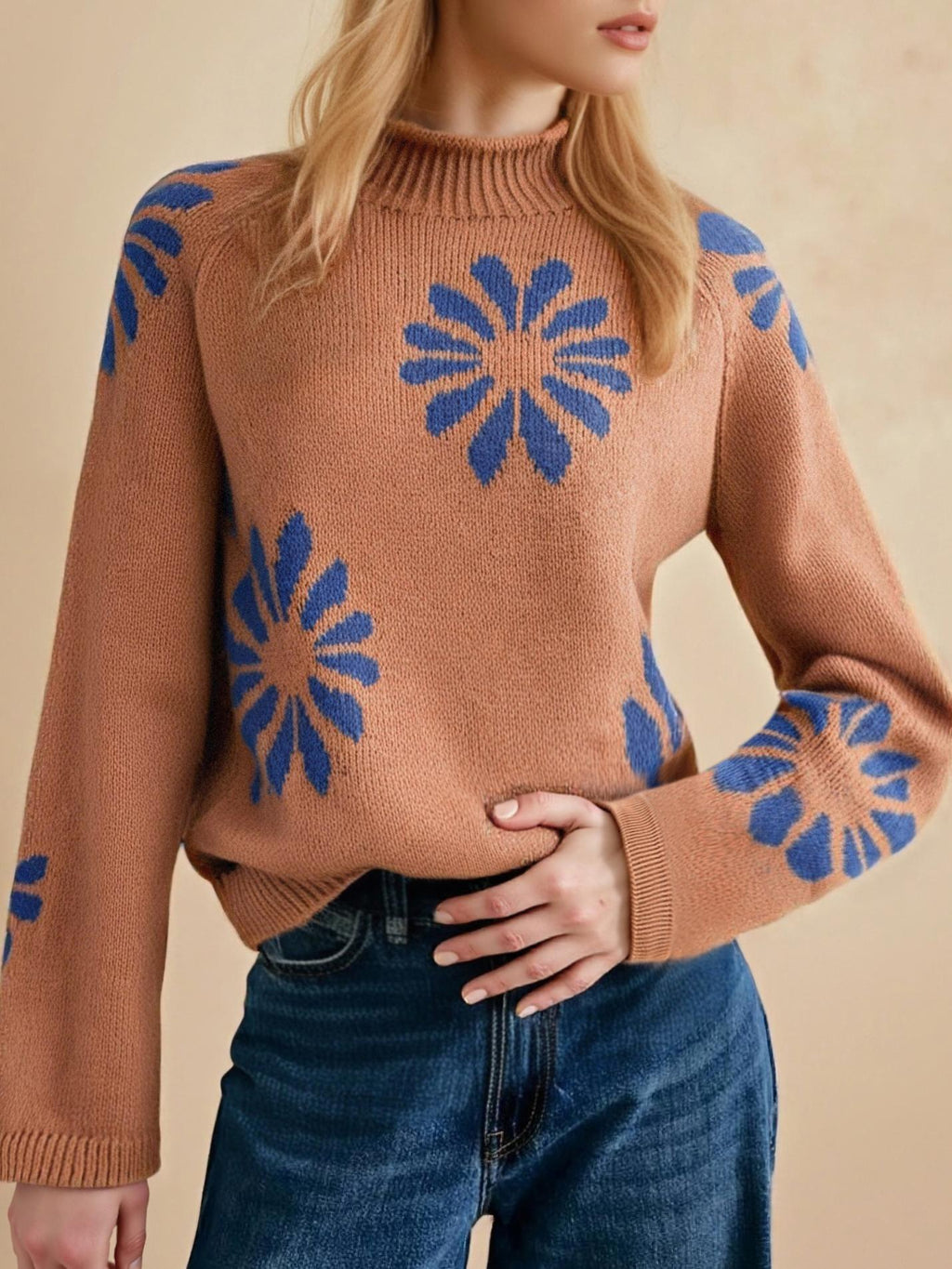 Daisy Motif Mock Neck Knit Sweater