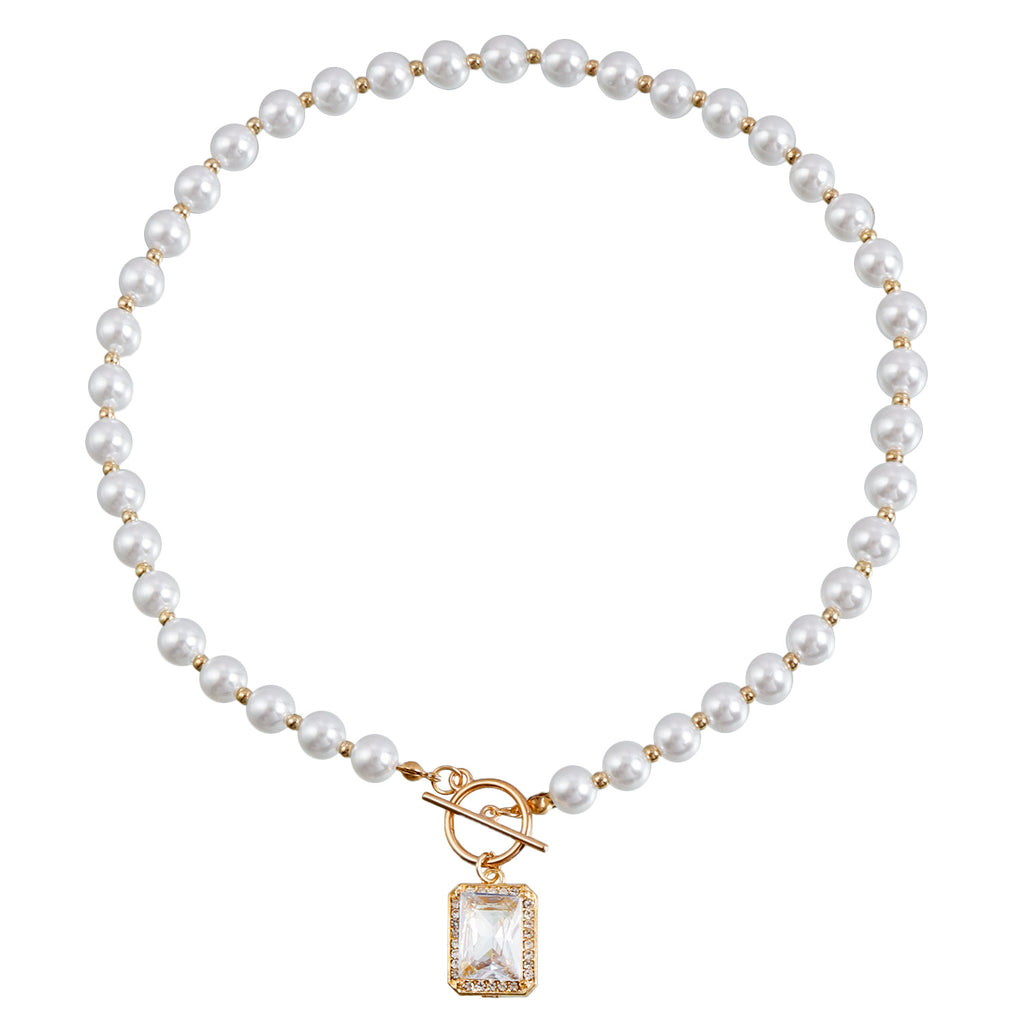 Faux Pearl Toggle Gemstone Pendant Necklace - Color_01