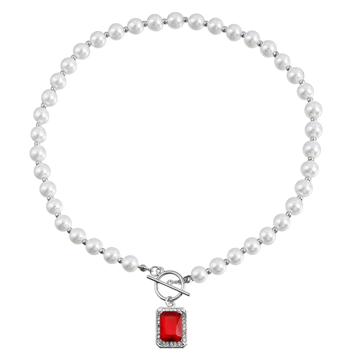 Faux Pearl Toggle Gemstone Pendant Necklace - Color_06