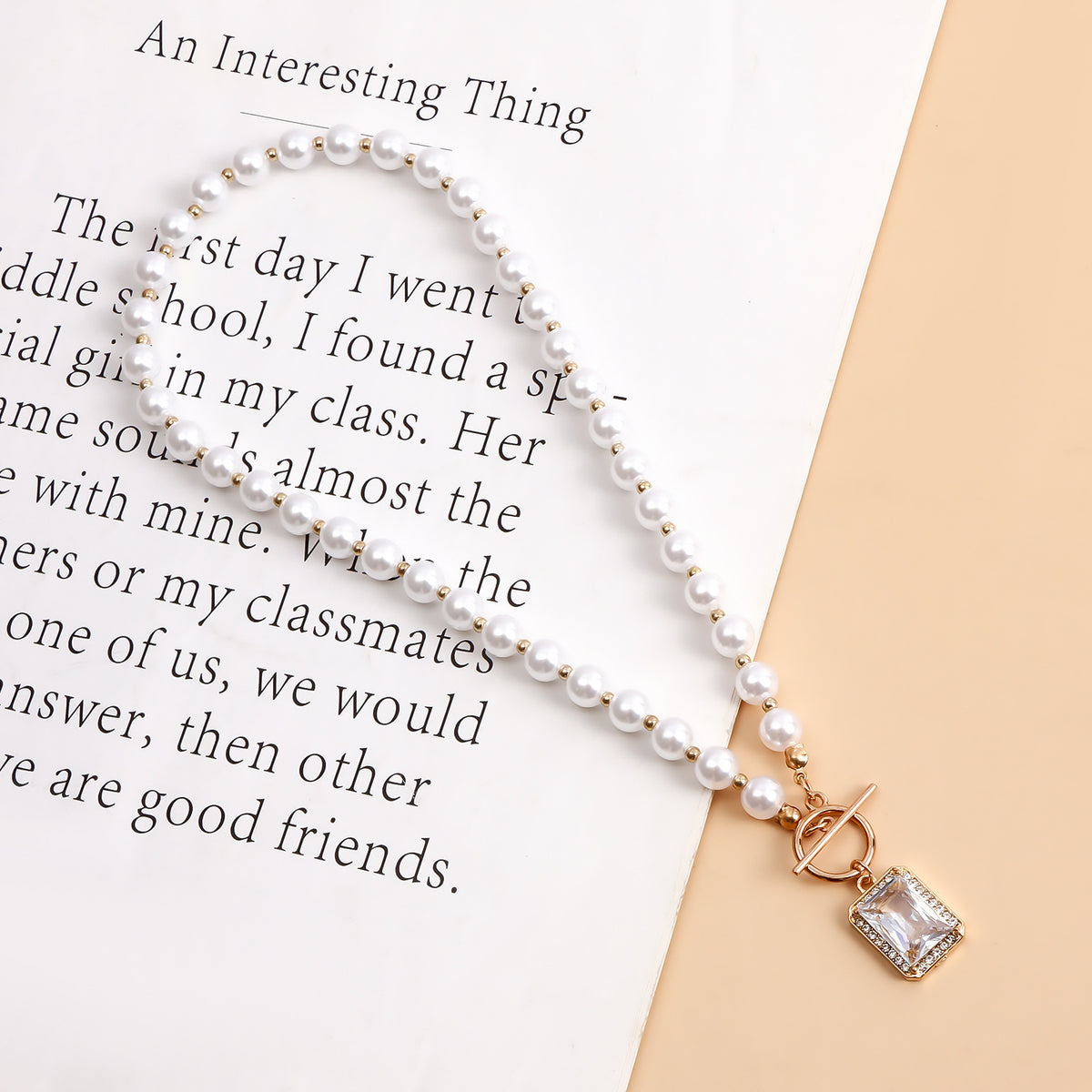 Faux Pearl Toggle Gemstone Pendant Necklace