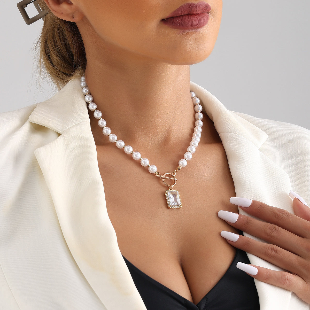 Faux Pearl Toggle Gemstone Pendant Necklace - view 4