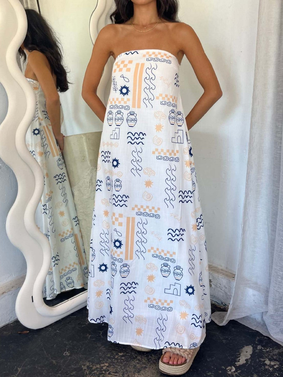 Illustrated Print Bandeau Maxi Sundress - Blue