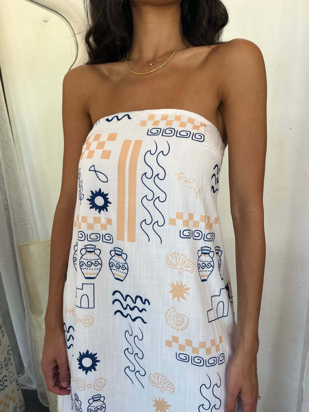Illustrated Print Bandeau Maxi Sundress - Blue - 1
