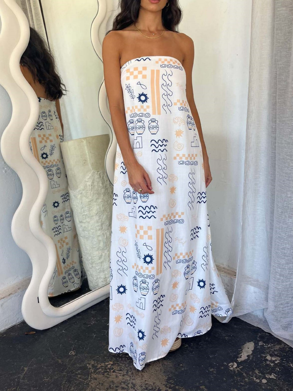 Illustrated Print Bandeau Maxi Sundress - Blue - 2