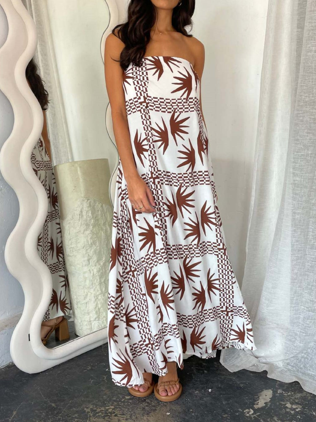 Illustrated Print Bandeau Maxi Sundress - Camel