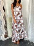 Illustrated Print Bandeau Maxi Sundress - Camel