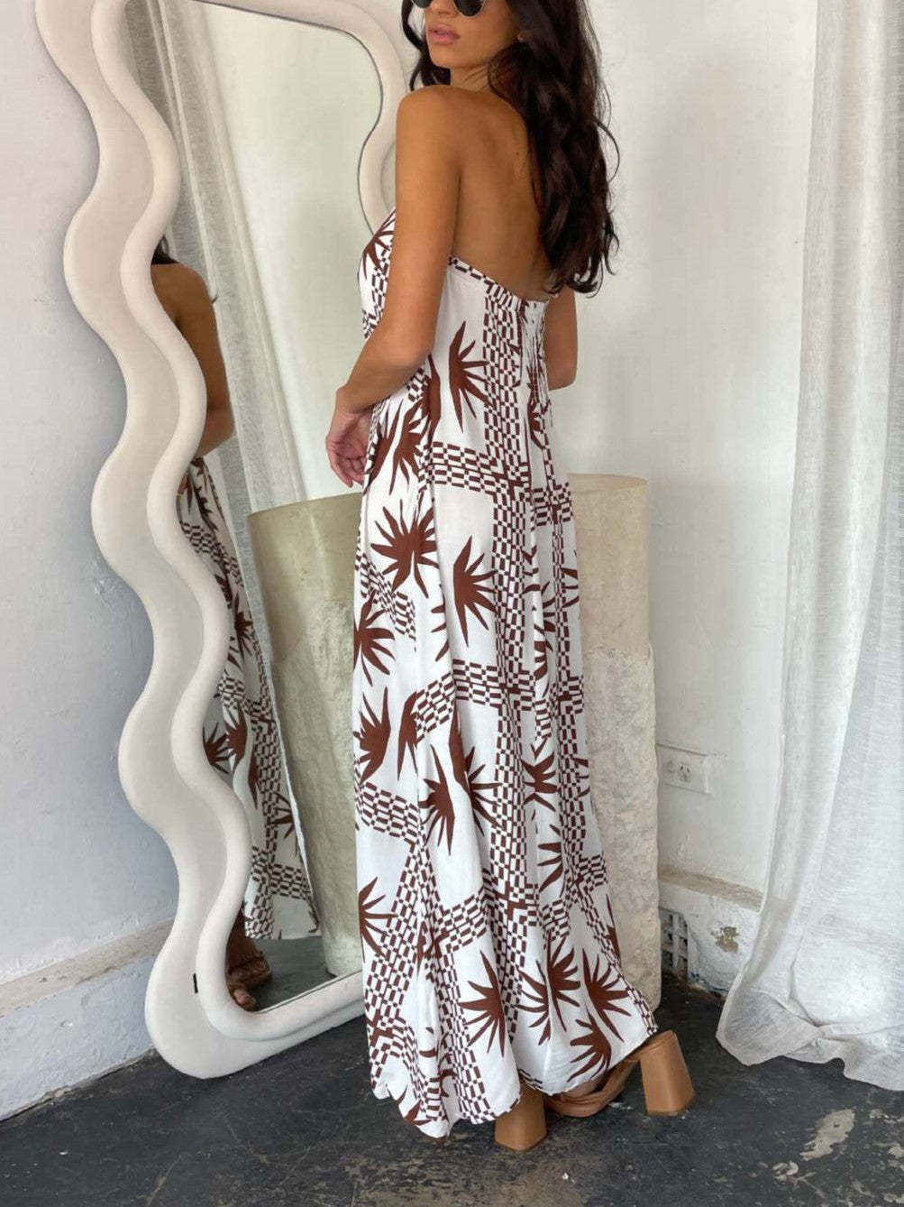 Illustrated Print Bandeau Maxi Sundress - Camel - 1