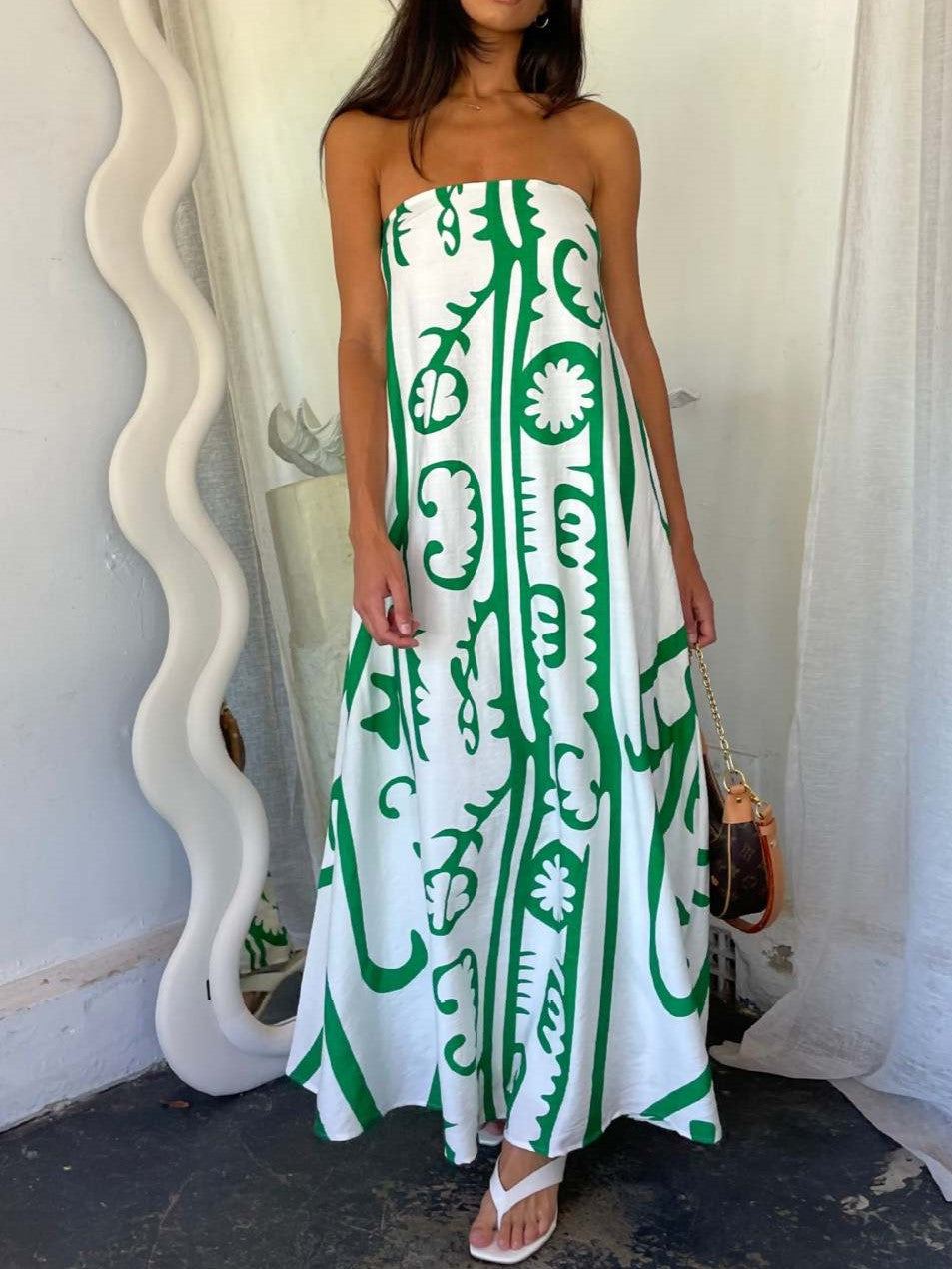 Illustrated Print Bandeau Maxi Sundress - Green