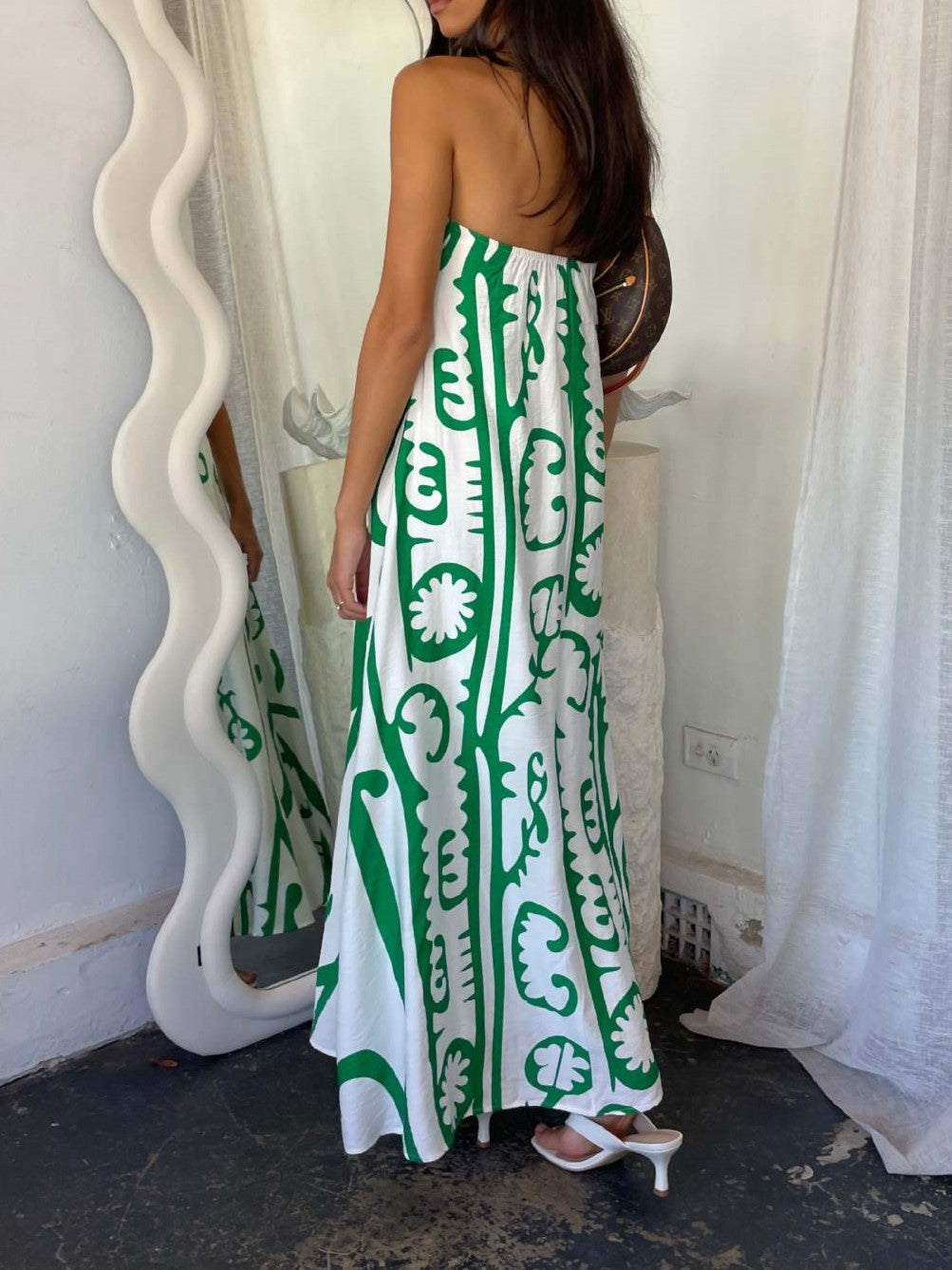 Illustrated Print Bandeau Maxi Sundress - Green - 1