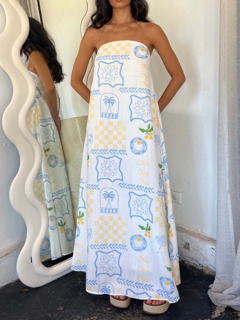 Illustrated Print Bandeau Maxi Sundress - LtBlue