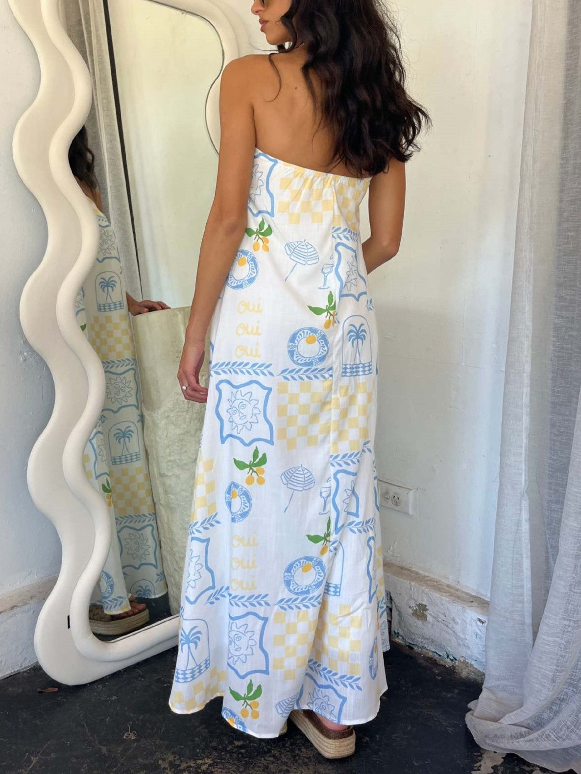 Illustrated Print Bandeau Maxi Sundress - LtBlue - 2