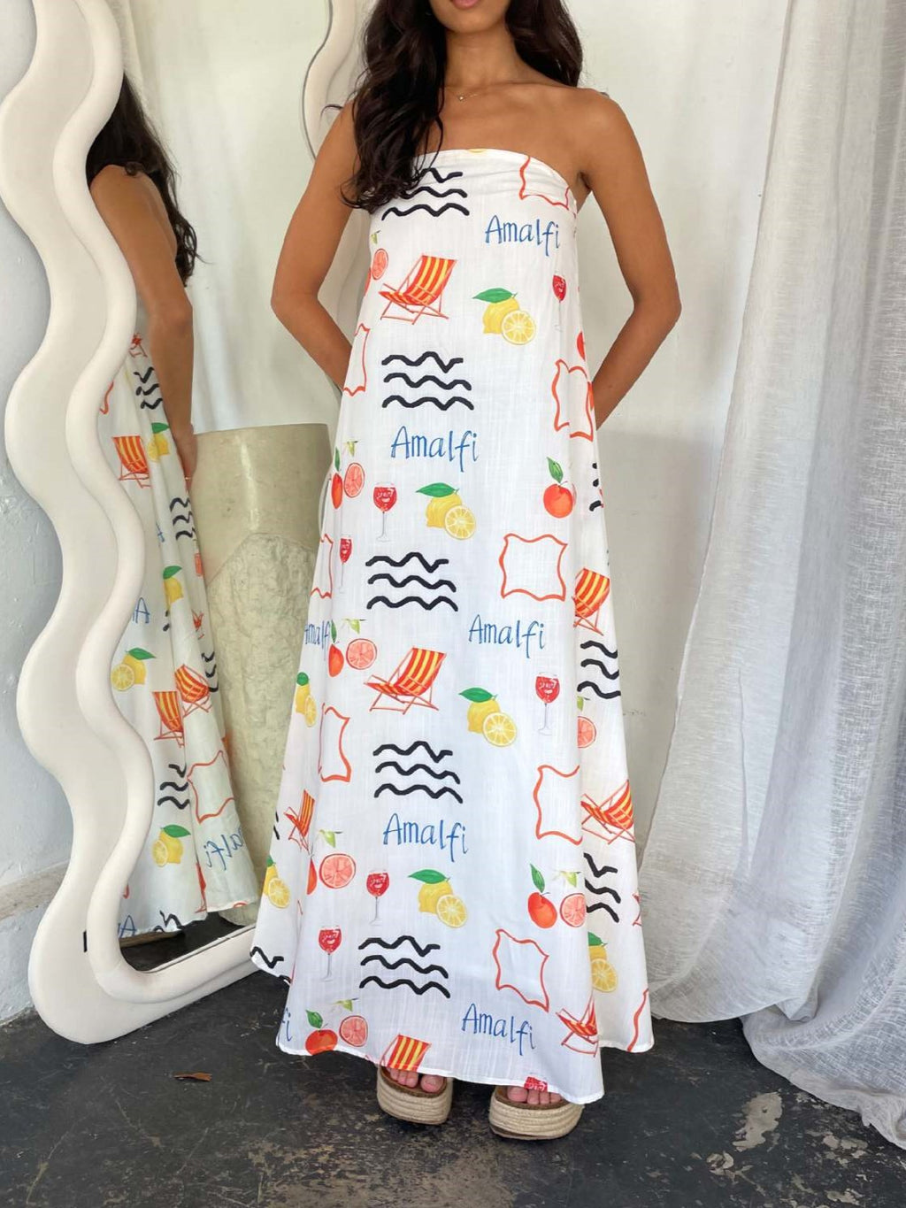 Illustrated Print Bandeau Maxi Sundress - Orange