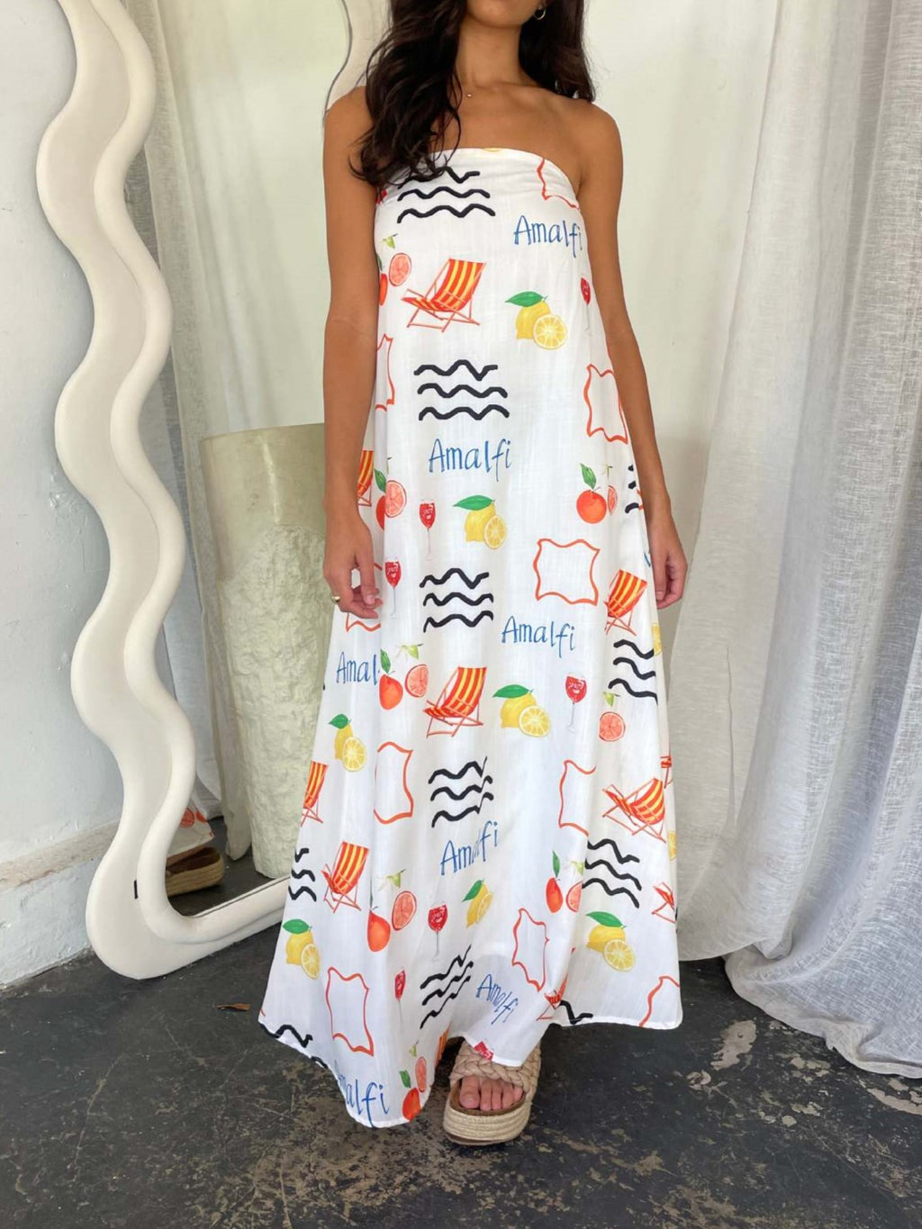 Illustrated Print Bandeau Maxi Sundress - Orange - 1