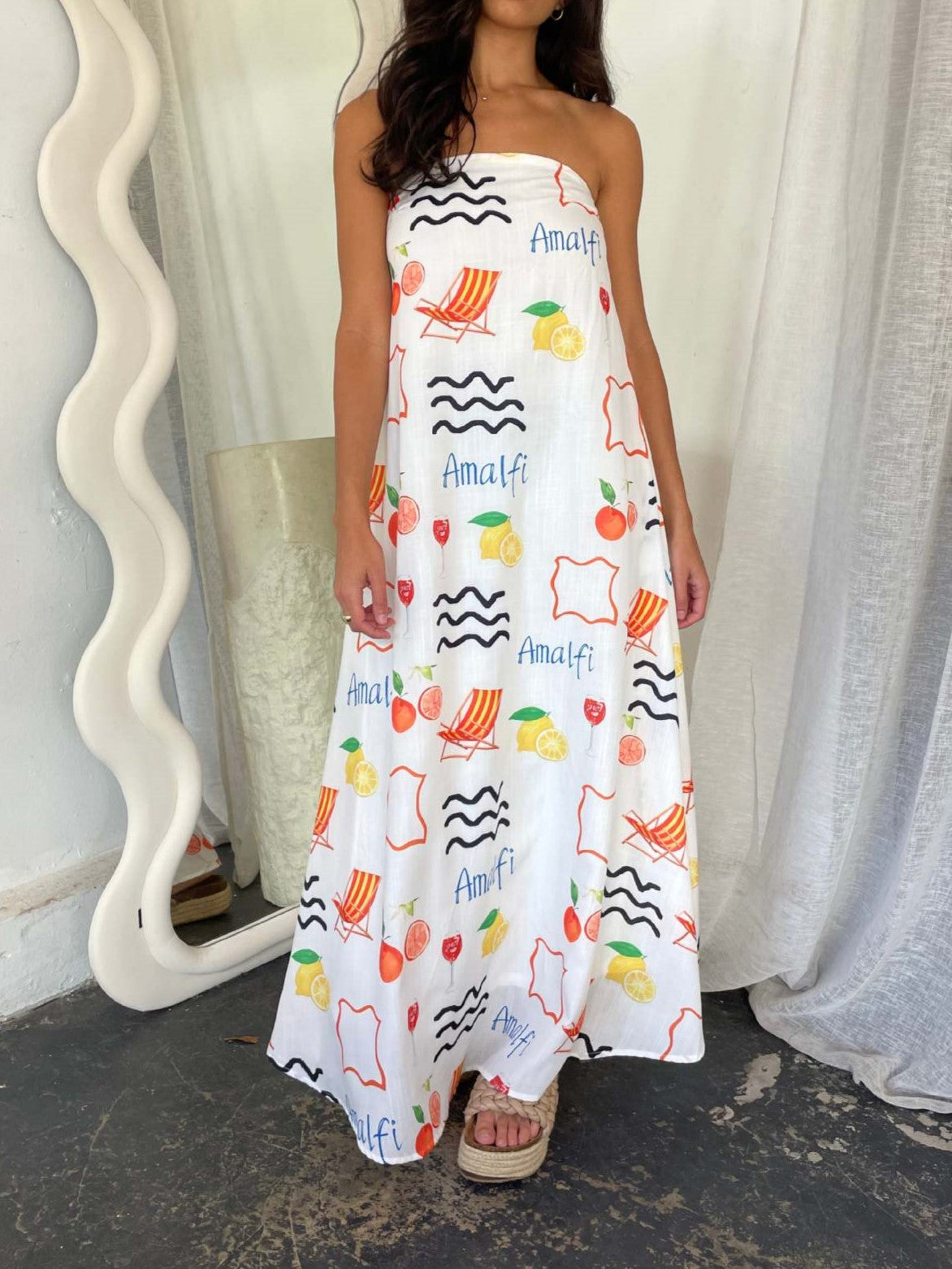 Illustrated Print Bandeau Maxi Sundress - Orange - 1