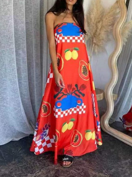 Illustrated Print Bandeau Maxi Sundress - Red