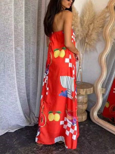 Illustrated Print Bandeau Maxi Sundress - Red - 1
