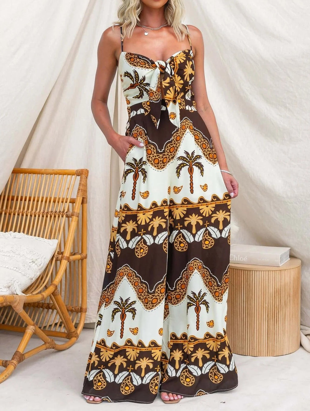 Palm Print Tie Front Wide Leg Jumpsuit - Coffee - 1