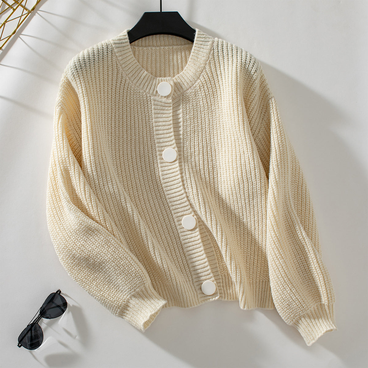 Ribbed Crewneck Button Front Cardigan - Apricot