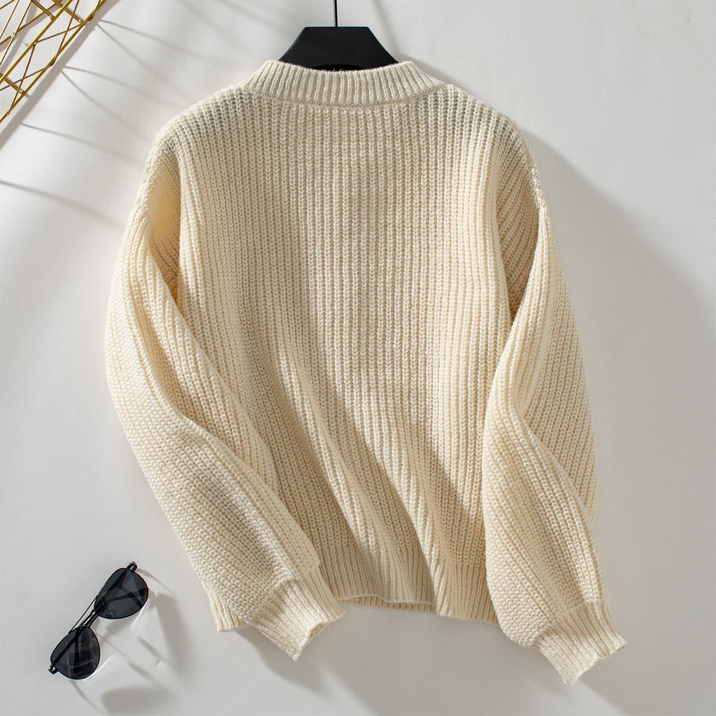 Ribbed Crewneck Button Front Cardigan - Apricot - 1