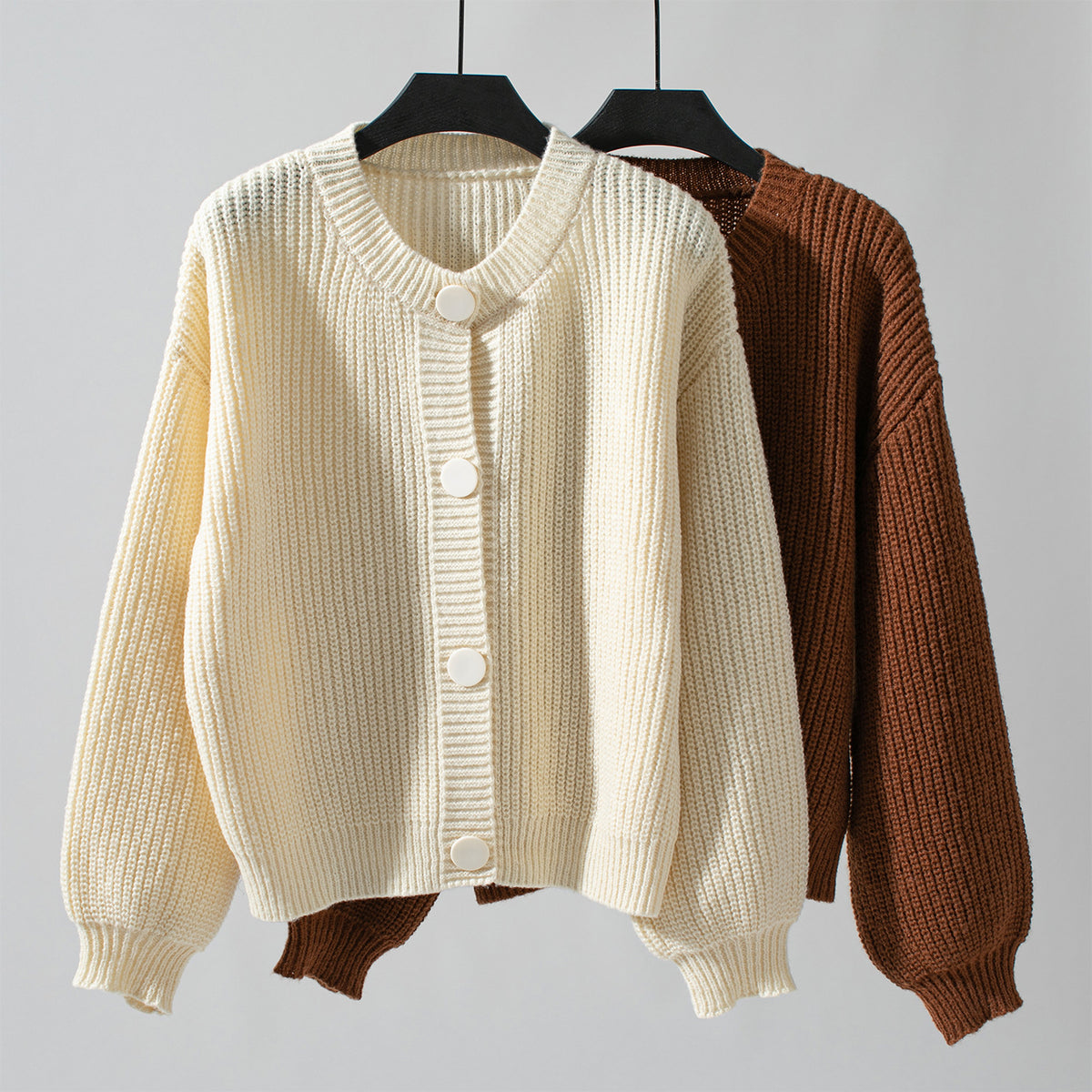 Ribbed Crewneck Button Front Cardigan - Apricot - 2